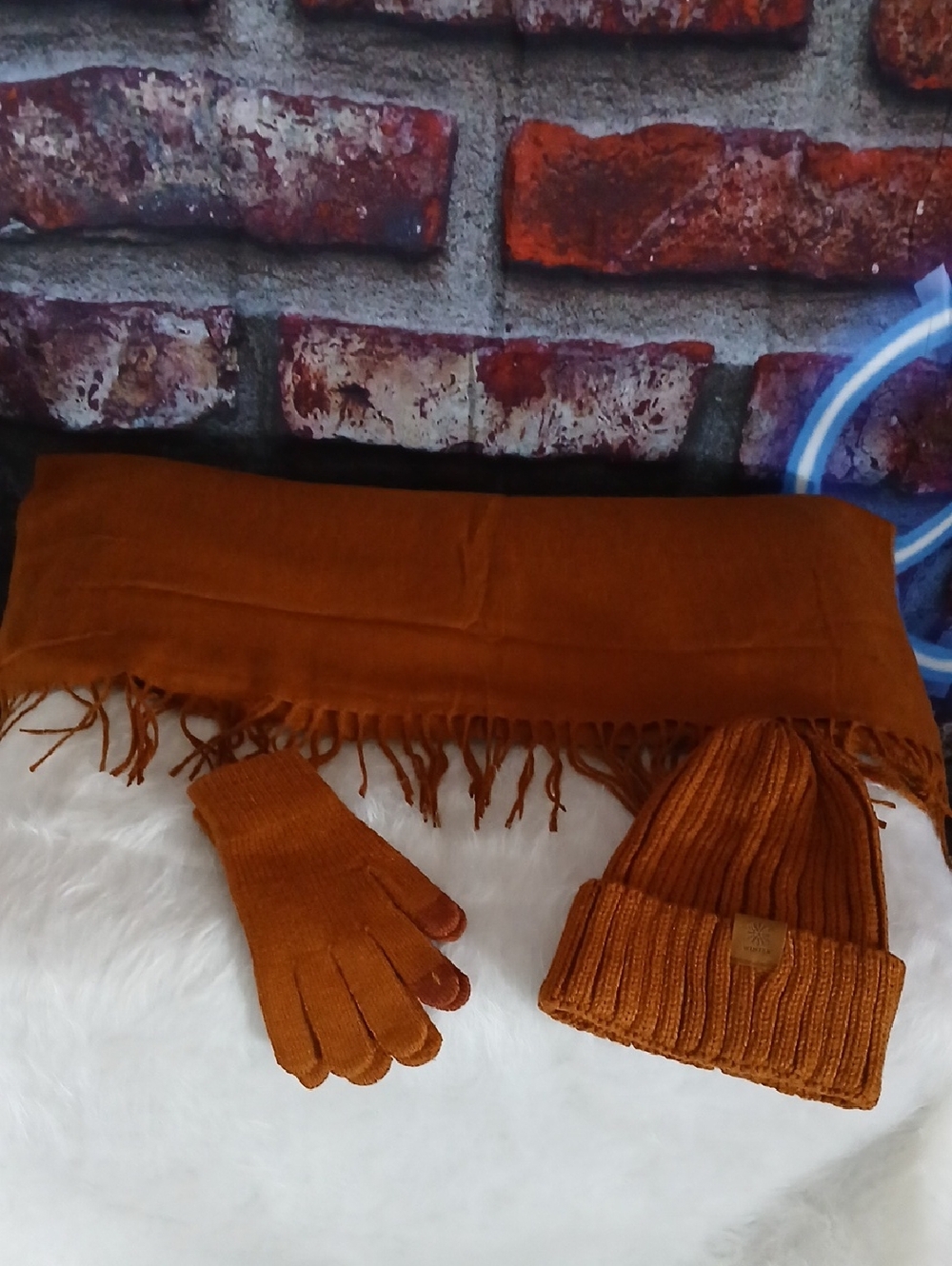 Cozy Rust Orange Knit Hat, Gloves & Scarf Set